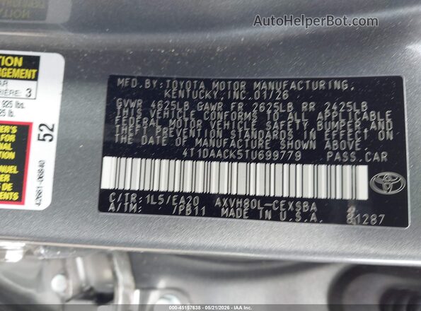 4T1DAACK5TU699779 2026 TOYOTA CAMRY Gray Вид підкапотного простору