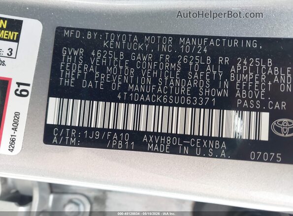 4T1DAACK6SU063371 2025 TOYOTA CAMRY Silver 