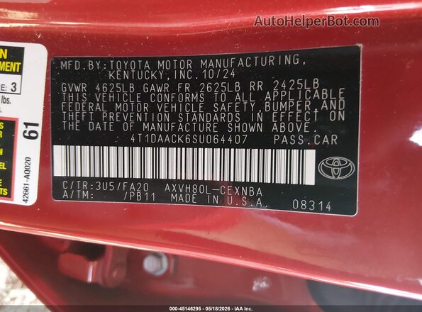 4T1DAACK6SU064407 2025 TOYOTA CAMRY Red Вид підкапотного простору
