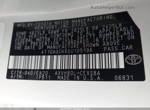 4T1DAACK6SU105196 2025 TOYOTA CAMRY White Widok komory silnika