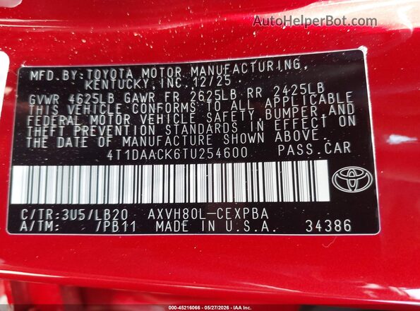 4T1DAACK6TU254600 2026 TOYOTA CAMRY Красный Вид подкапотного пространства