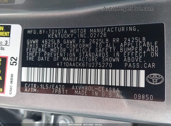 4T1DAACK6TU275270 2026 TOYOTA CAMRY Gray Engine compartment view