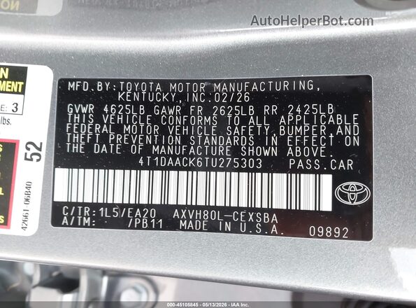 4T1DAACK6TU275303 2026 TOYOTA CAMRY Gray Widok komory silnika