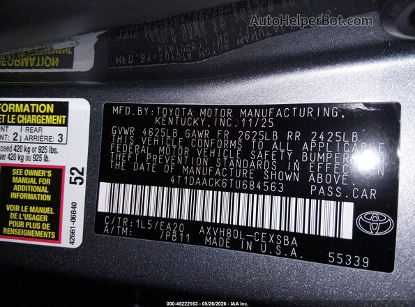 4T1DAACK6TU684563 2026 TOYOTA CAMRY Gray ძრავის განყოფილების ხედი
