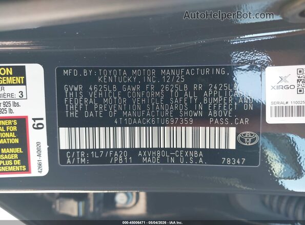 4T1DAACK6TU697359 2026 TOYOTA LE Gray Вид підкапотного простору