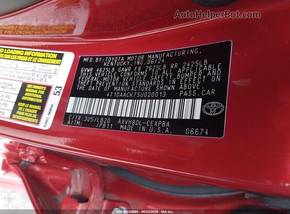 4T1DAACK7SU020013 2025 TOYOTA CAMRY Red Engine compartment view