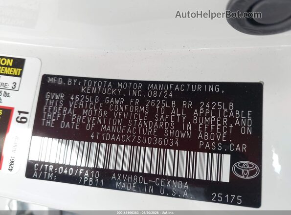 4T1DAACK7SU036034 2025 TOYOTA CAMRY White Vista del compartimento del motor