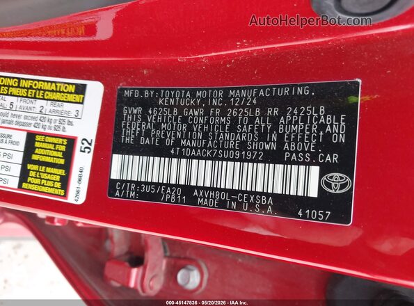 4T1DAACK7SU091972 2025 TOYOTA CAMRY Red Вид підкапотного простору