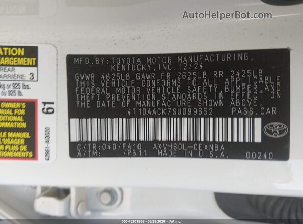4T1DAACK7SU099652 2025 TOYOTA CAMRY White Вид підкапотного простору