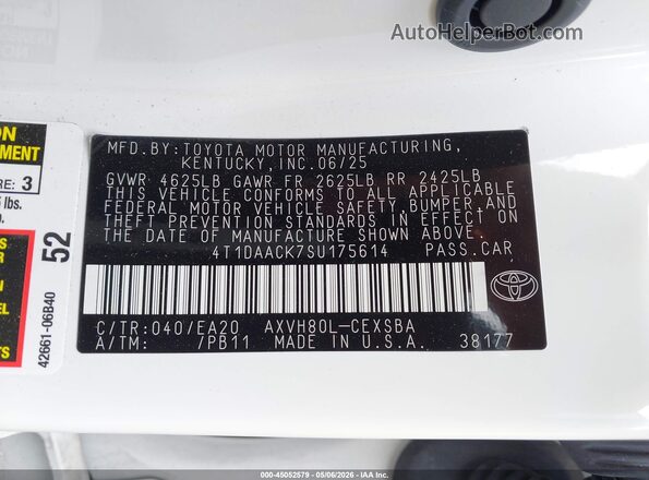 4T1DAACK7SU175614 2025 TOYOTA CAMRY White Вид підкапотного простору