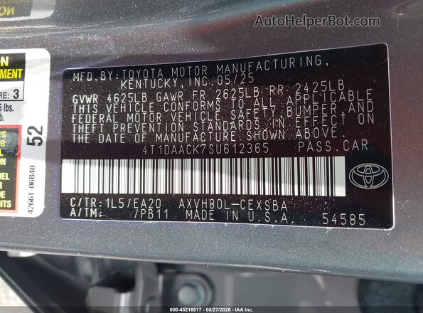 4T1DAACK7SU612365 2025 TOYOTA CAMRY Gray Vista del compartimento del motor