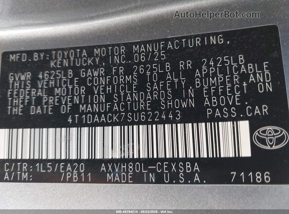 4T1DAACK7SU622443 2025 TOYOTA CAMRY Серый 