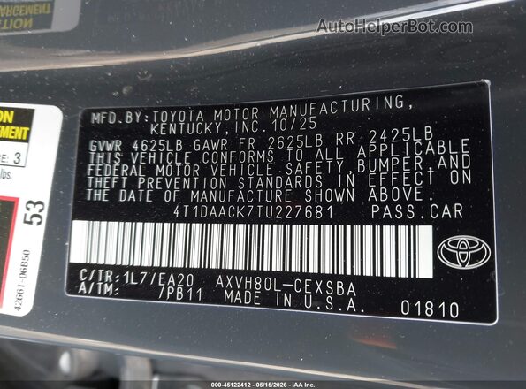 4T1DAACK7TU227681 2026 TOYOTA CAMRY Gray ძრავის განყოფილების ხედი
