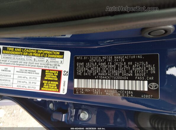 4T1DAACK7TU300404 2026 TOYOTA CAMRY Blue Вид підкапотного простору