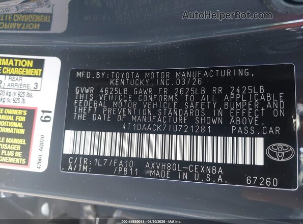 4T1DAACK7TU721281 2026 TOYOTA LE Black 
