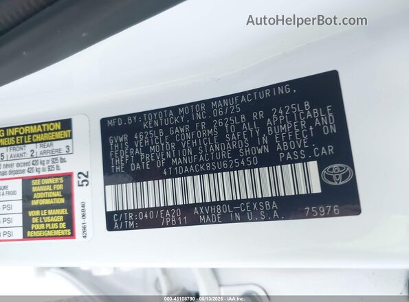 4T1DAACK8SU625450 2025 TOYOTA CAMRY White ძრავის განყოფილების ხედი
