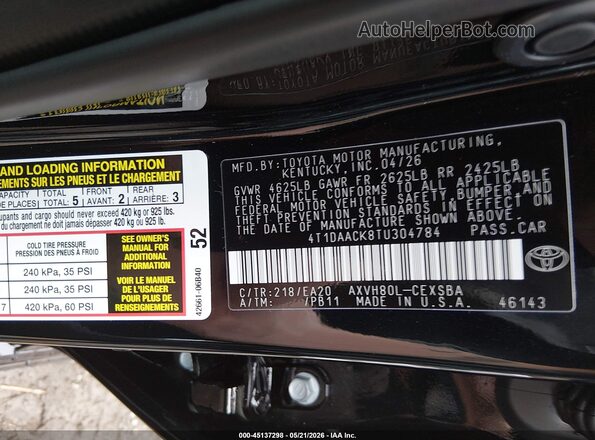 4T1DAACK8TU304784 2026 TOYOTA CAMRY Black Widok komory silnika