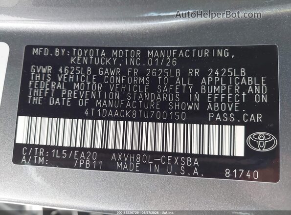 4T1DAACK8TU700150 2026 TOYOTA CAMRY Gray ძრავის განყოფილების ხედი