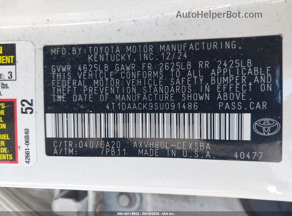 4T1DAACK9SU091486 2025 TOYOTA CAMRY White ძრავის განყოფილების ხედი