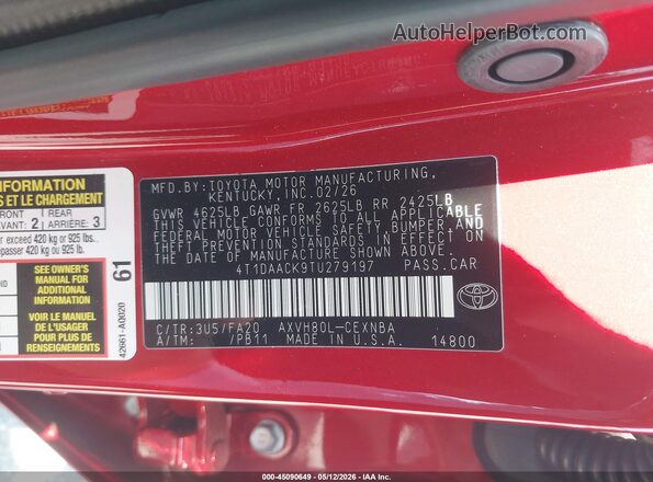 4T1DAACK9TU279197 2026 TOYOTA LE Red Vista del compartimento del motor