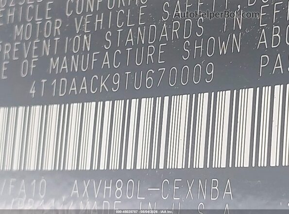 4T1DAACK9TU670009 2026 TOYOTA LE White Вид підкапотного простору