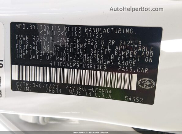 4T1DAACK9TU684069 2026 TOYOTA CAMRY Белый 