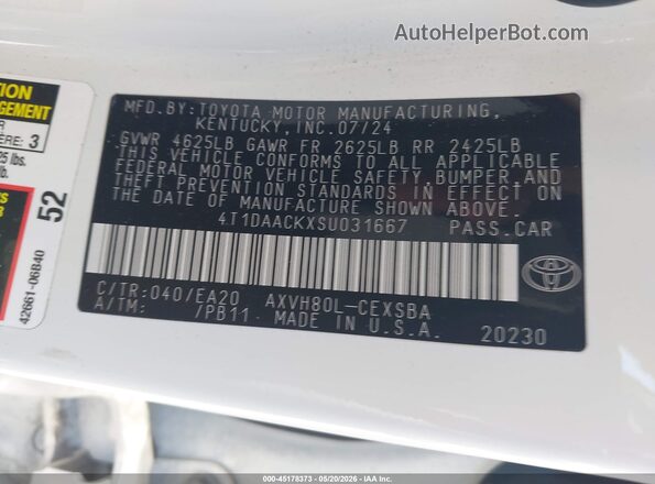 4T1DAACKXSU031667 2025 TOYOTA CAMRY White Вид підкапотного простору