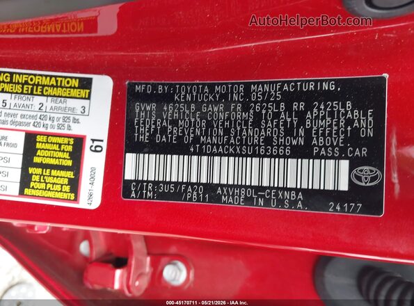 4T1DAACKXSU163666 2025 TOYOTA CAMRY Red Engine compartment view