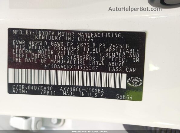 4T1DAACKXSU533367 2025 TOYOTA CAMRY White Շարժիչի բաժամունքի տեսք