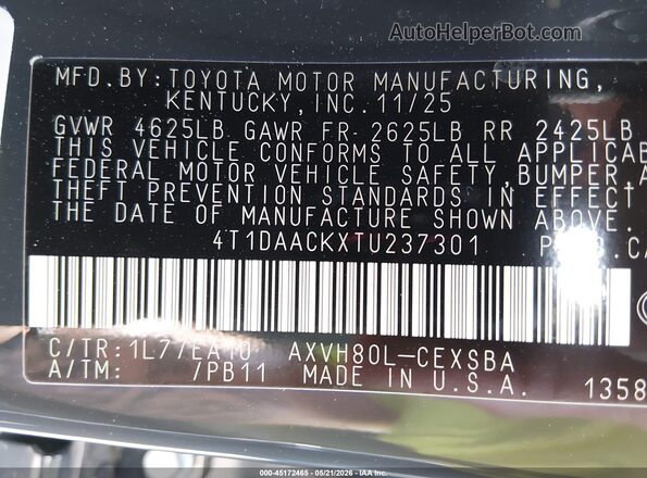 4T1DAACKXTU237301 2026 TOYOTA CAMRY Gray Вид підкапотного простору