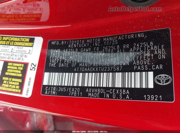 4T1DAACKXTU237587 2026 TOYOTA CAMRY Red 