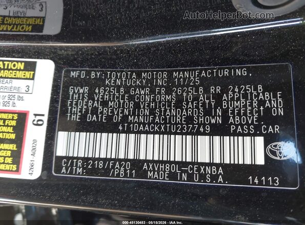 4T1DAACKXTU237749 2026 TOYOTA CAMRY Black Շարժիչի բաժամունքի տեսք