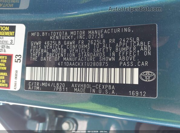 4T1DAACKXTU280875 2026 TOYOTA CAMRY Blue Widok komory silnika