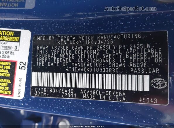 4T1DAACKXTU303880 2026 TOYOTA CAMRY Blue Vista del compartimento del motor