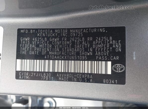 4T1DAACKXTU651095 2026 TOYOTA CAMRY Gray Вид підкапотного простору