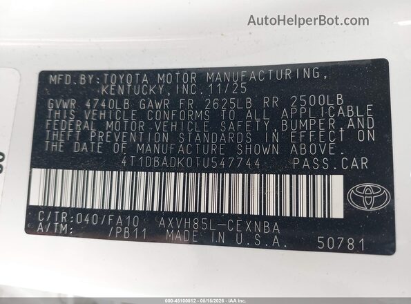 4T1DBADK0TU547744 2026 TOYOTA CAMRY White Շարժիչի բաժամունքի տեսք