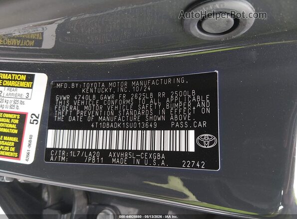 4T1DBADK1SU013649 2025 TOYOTA LE Gray Vista del compartimento del motor