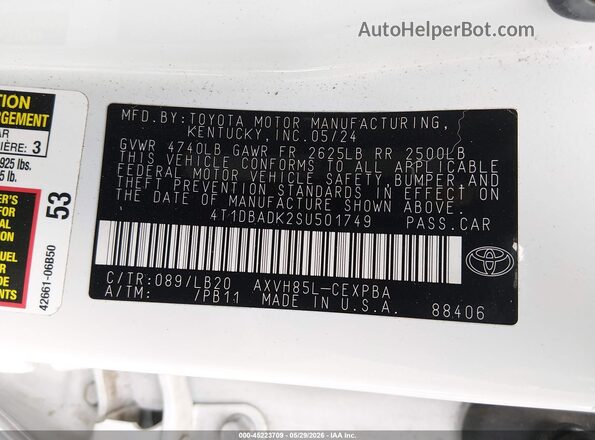 4T1DBADK2SU501749 2025 TOYOTA CAMRY Белый Вид подкапотного пространства