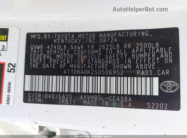 4T1DBADK2SU506952 2025 TOYOTA CAMRY Белый 