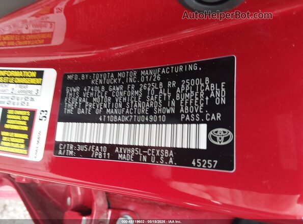 4T1DBADK7TU049010 2026 TOYOTA CAMRY Red Engine compartment view