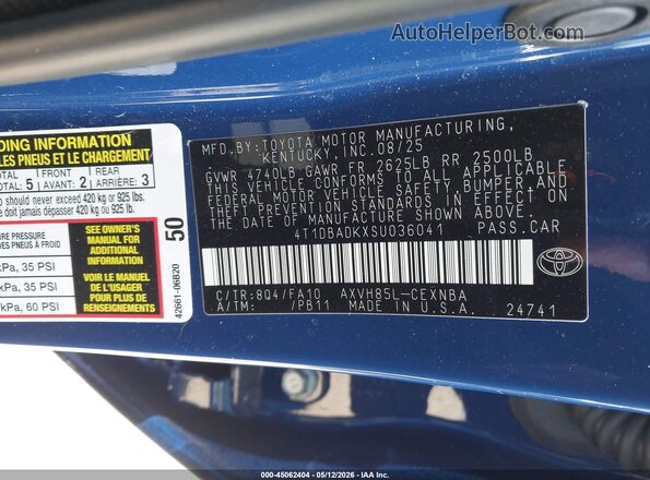 4T1DBADKXSU036041 2025 TOYOTA LE Blue Widok komory silnika