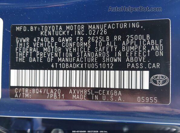 4T1DBADKXTU051012 2026 TOYOTA CAMRY Синий Вид подкапотного пространства