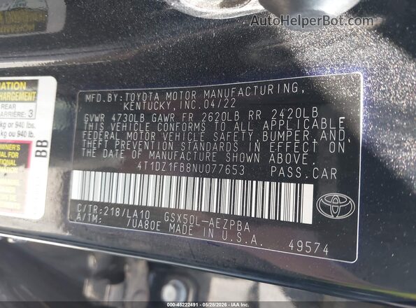 4T1DZ1FB8NU077653 2022 TOYOTA AVALON Black Engine compartment view