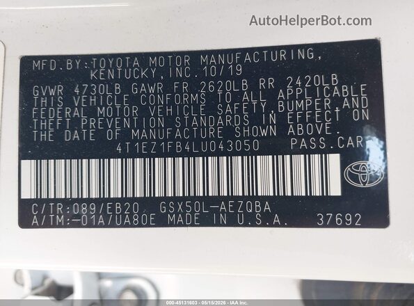 4T1EZ1FB4LU043050 2020 TOYOTA AVALON White ძრავის განყოფილების ხედი