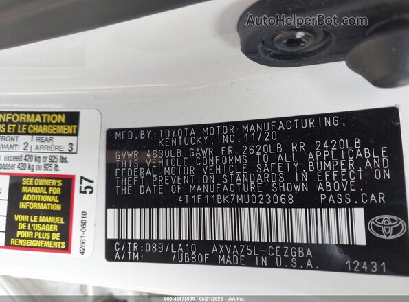 4T1F11BK7MU023068 2021 TOYOTA CAMRY White Շարժիչի բաժամունքի տեսք
