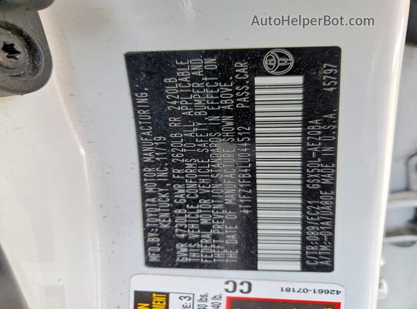 4T1FZ1FB4LU044512 2020 TOYOTA AVALON White ძრავის განყოფილების ხედი