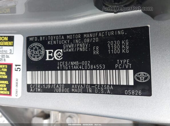4T1G11AK4LU384553 2020 TOYOTA CAMRY Silver Вид підкапотного простору