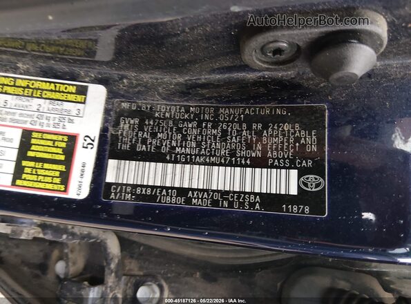 4T1G11AK4MU471144 2021 TOYOTA CAMRY Blue Engine compartment view