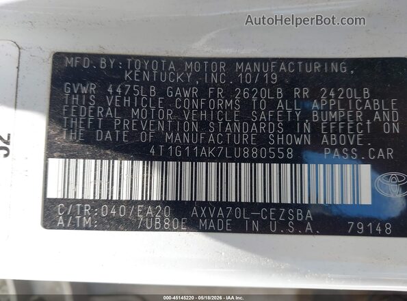 4T1G11AK7LU880558 2020 TOYOTA CAMRY White Vista del compartimento del motor