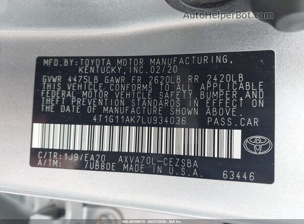 4T1G11AK7LU934036 2020 TOYOTA CAMRY Silver ძრავის განყოფილების ხედი